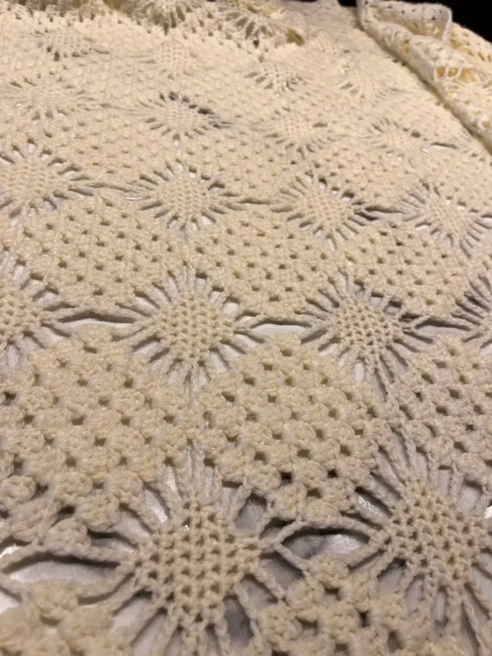 Vintage Handmade Cream Crochet Afghan Throw Blanket Medallion Popcorn Stitch